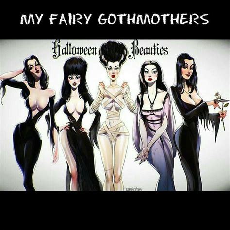 Four Women Dressed Up In Black And White With Text That Reads My Fairy Gothters Halloween Beauties