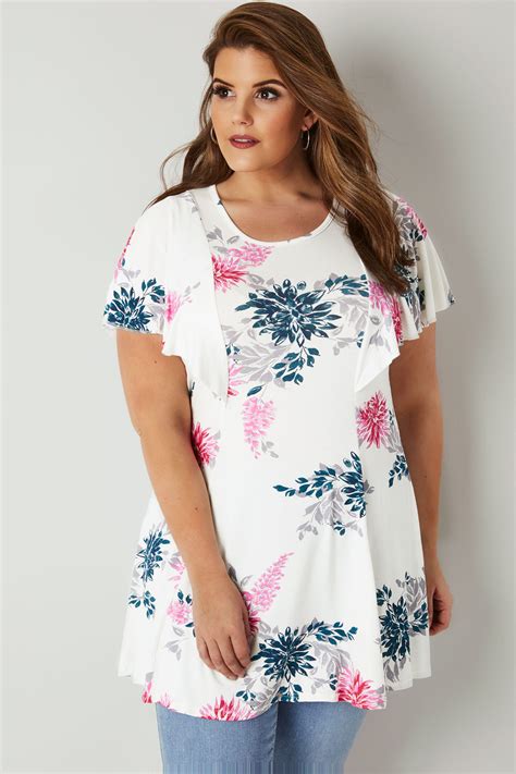 White And Pink Floral Print Peplum Top With Angel Sleeves Plus Size 16 To 36