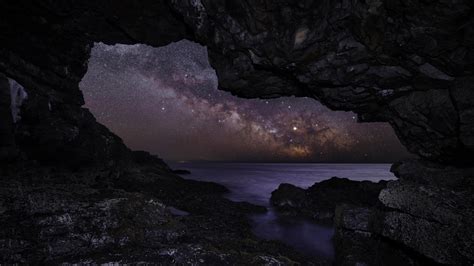 View Of Milky Way Sky From Beach Cave