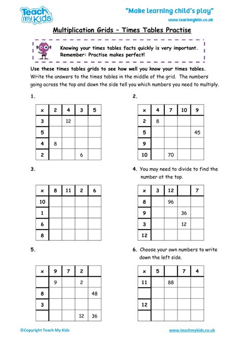 Multiplication Grids Times Tables Practise Ph