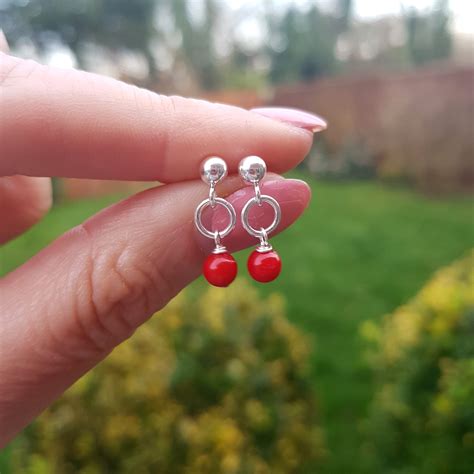 Tiny Red Coral Earrings Sterling Silver Stud Small Coral Drop Earrings