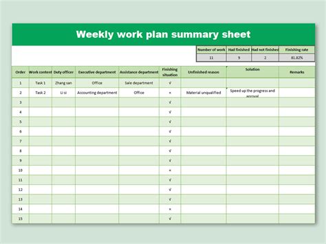Excel Of Weekly Work Plan Summaryxlsx Wps Free Templates