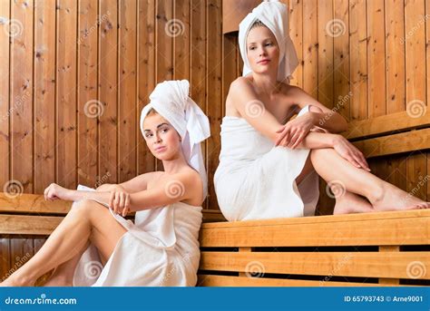 Two Women In Wellness Spa Enjoying Sauna Infusion Stock Image Image