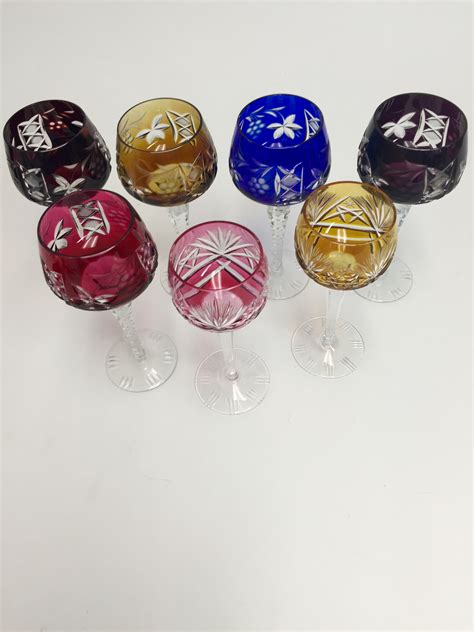 Set Of 7 Polish Colored Cut Crystal Wine Glasses Never Been Used
