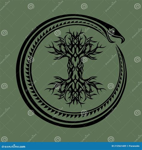 Ouroboros Serpent Curled Up Around Yggdrasil Viking Tree Of Life Stock