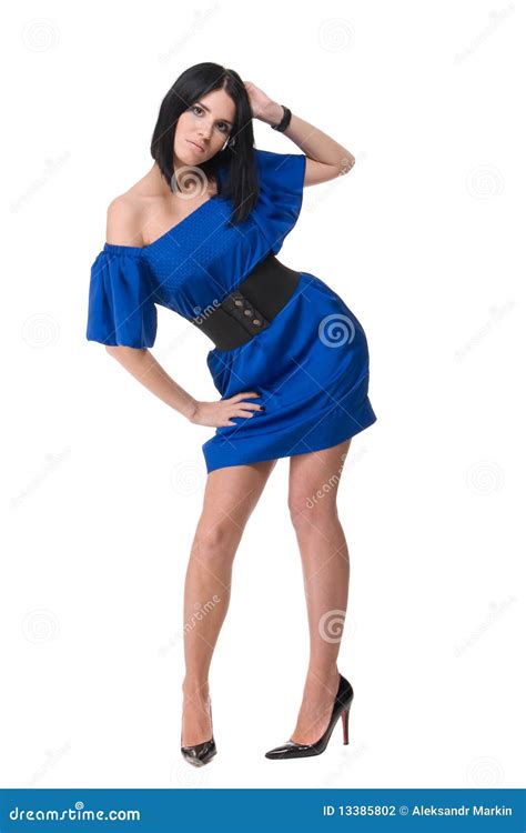 Portrait Of Beautiful Fashion Woman In Blue Dress Stock Photo Image