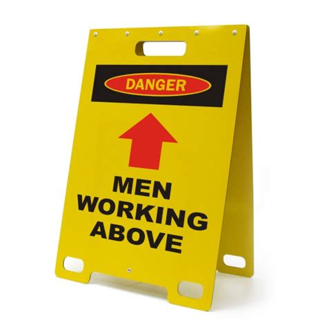 danger men working above portable a frame sign bc site service