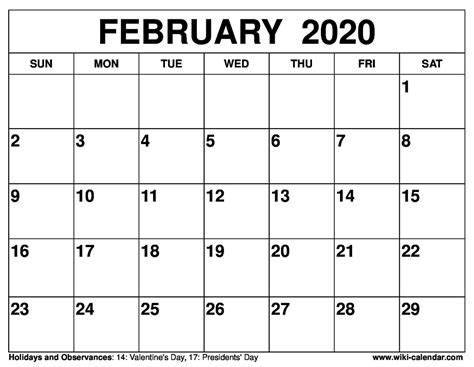 Printable February 2020 Calendar Wiki Calendarcom