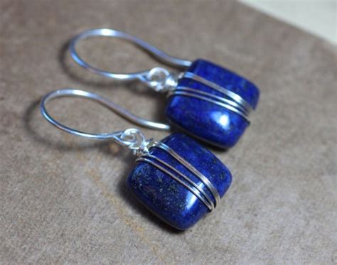 Lapis Earrings Silver Wire Wrapped Blue Gemstone Earrings