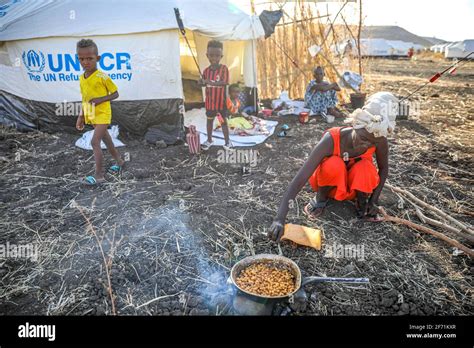 Ethiopian Refugees Migrated To Sudan And Live In Refugee Camp Stock