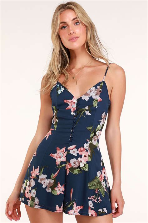 Always Abloom Navy Blue Floral Print Button Front Swing Romper In 2021