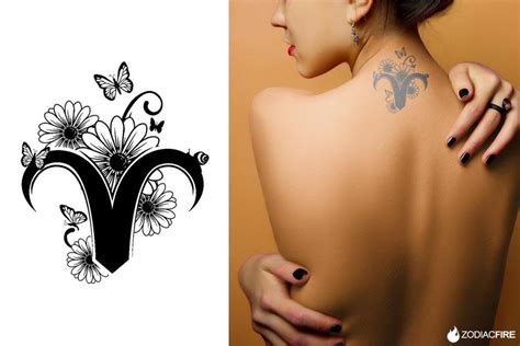 Flowery Aries Sign Neck Tattoo Zodiac Fire