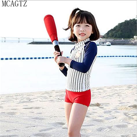 2016 Cute Striped Sailor Child Swimsuit Swimwear Flat Waisted Bathing