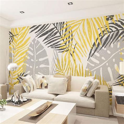Creative Rainforest Tropical Palm Leaves Wallpaper Wall Muralspalm Leaf Yellow And Grey