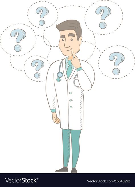 Thinking Caucasian Doctor With Question Marks Vector Image