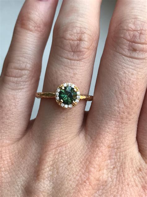 Diamond And Green Sapphire Engagement Ring In Hand Carved Recycled Yel