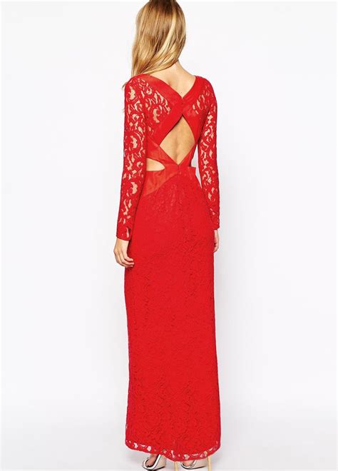 Red Long Sleeve Midriff Lace Maxi Dress Lace Maxi