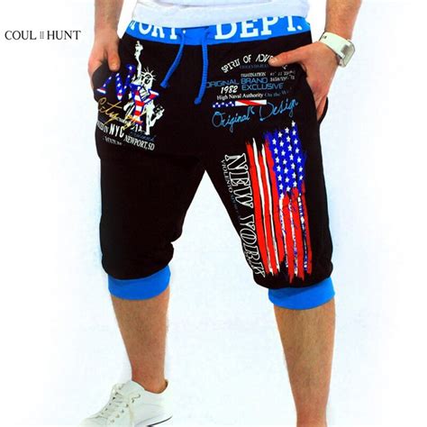 Coulhunt Mens America Flag Print Shorts Summer Knee Length Straight