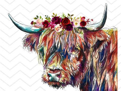 Highland Cow Png Cow With Flowers Watercolor Cow Highland Etsy