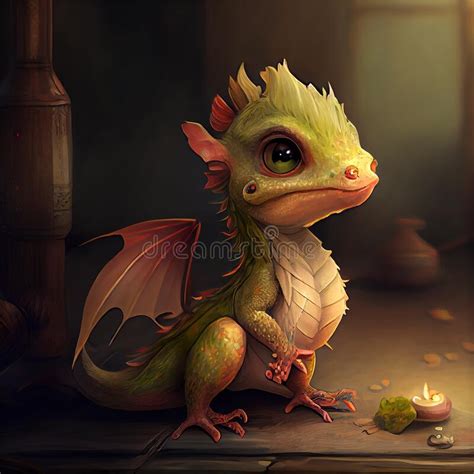 Generative Aia Cute Adorable Baby Dragon Illustation Stands In Nature