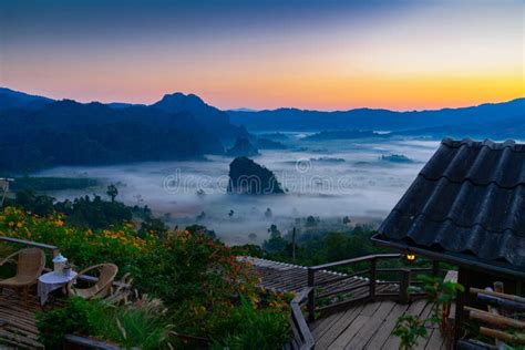 Sunrise And Mist Mountain In Phu Chi Fa Located In Chiang Rai Thailand