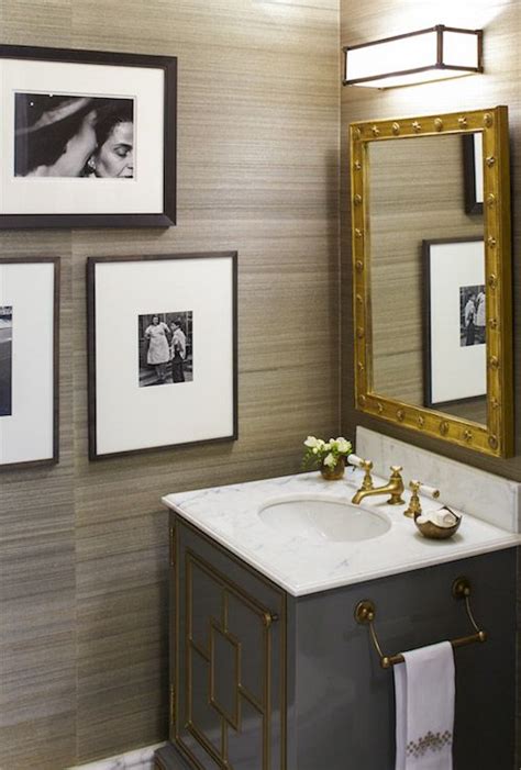 Powder Room With Taupe Grasscloth Wallpaper Black And White Photos