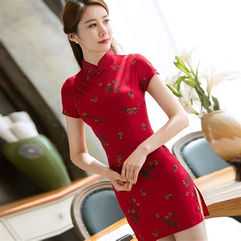 chinese vintage lady cheongsam qipao party dress retro printed cotton and linen short cheongsam