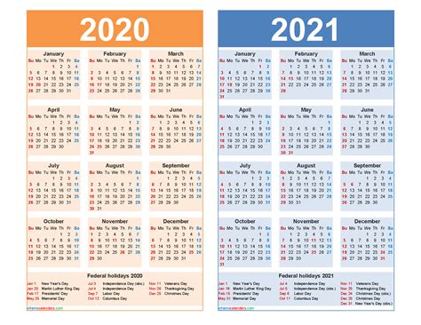 Free 2020 And 2021 Calendar Printable With Holidays