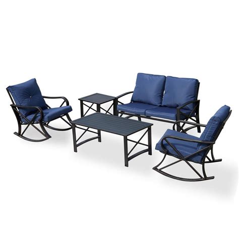 Top Home Space 5 Piece Metal Patio Conversation Set With Blue Cushions
