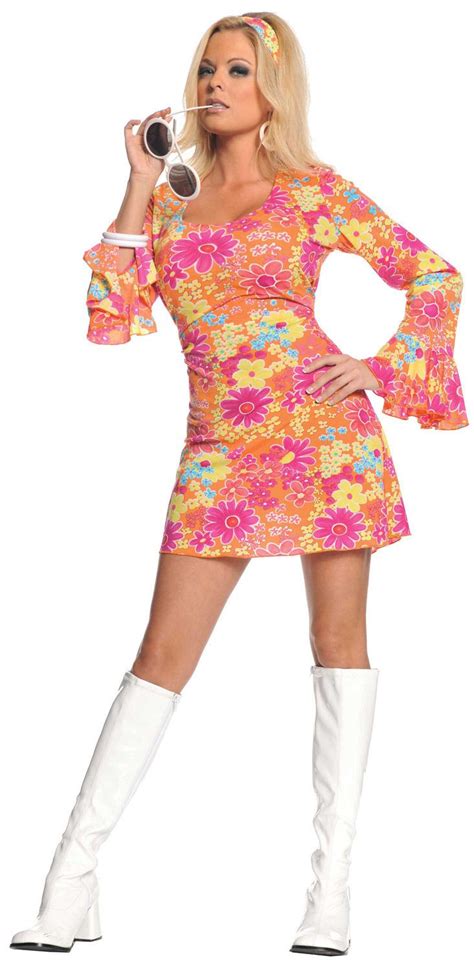 60s 70s Fancy Dress Costume Swirl Flower Power Hippy Hippie Retro Boots