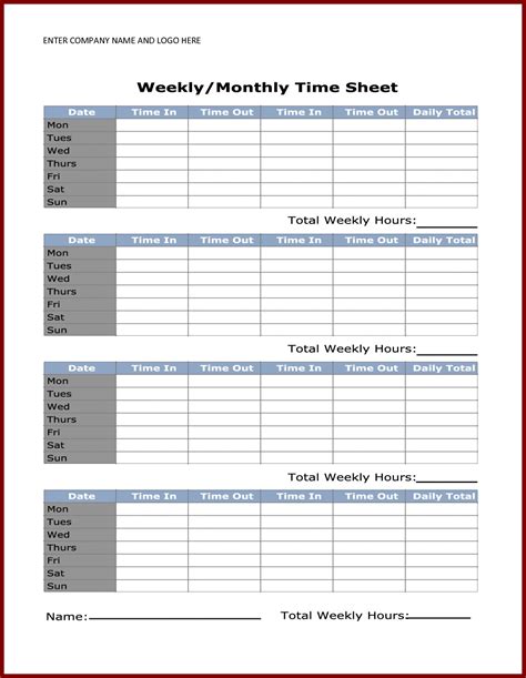 Free Printable Weekly Timesheet Template Timesheet Template Time