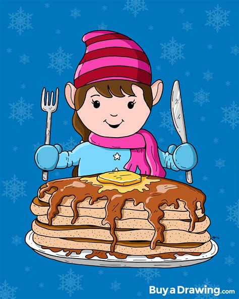 Clementine The Elf Eating Pancakes A Cartoon Drawing