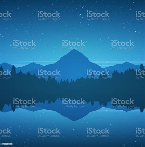 Night Mountain Lake Landscape With Pine Forest Reflection And Stars On