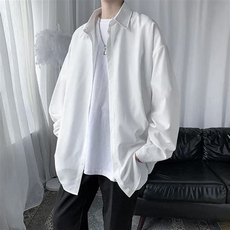 Buy Men Korean Fashion Long Sleeve Shirts Mens Harajuku Oversized Shirt Male Button Up Shirts