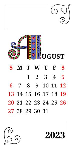 August Calendar 2023 Week Starts On Sunday English Template Stock