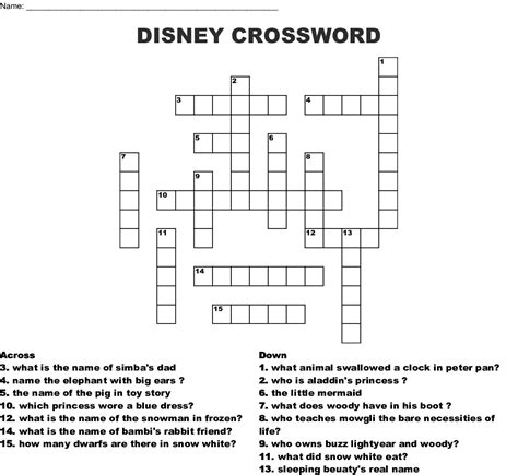 Word search based on popular disney movies and characters. Disney Characters Crossword - WordMint