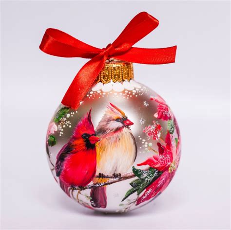 Couple Of Red Cardinals Christmas Glass Ornament Hand Painted 24893