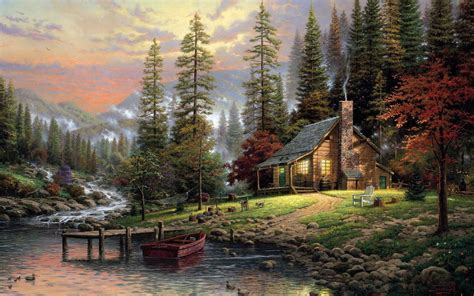 Painting Forest Pier Boat Cottage Trees Stream
