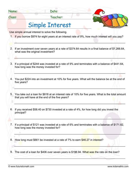 Simple Interest Math Worksheet