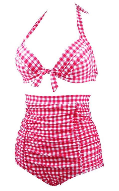 Cocoship 50s Red Gingham Vintage High Waisted Bikini Swimsuits Retro