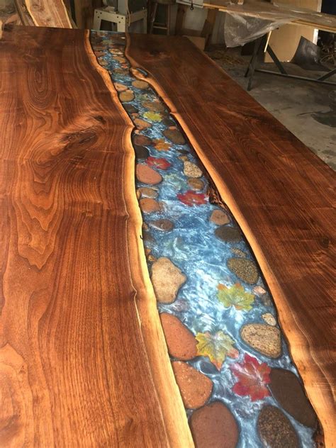 9ft Walnut Live Edge River Table With Stone And Leaves Etsy Live