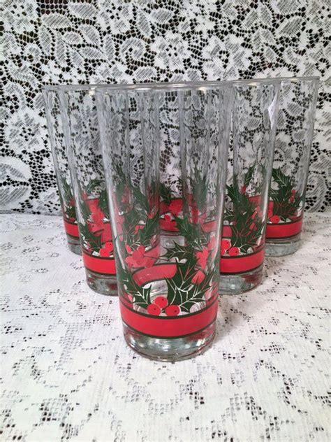 libbey discontinued highball tumblers with holly accented by red band christmas glasses set of 6