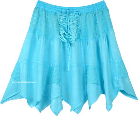 Sea Blue Colored Handkerchief Hem Western Short Skirt Short Skirts