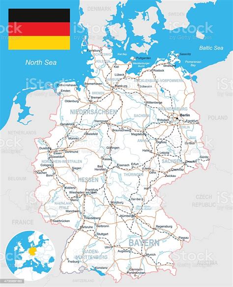Welcome to google maps germany locations list, welcome to the place where google maps sightseeing make sense! Germany Map Flag Roads Illustration Stock Illustration - Download Image Now - iStock