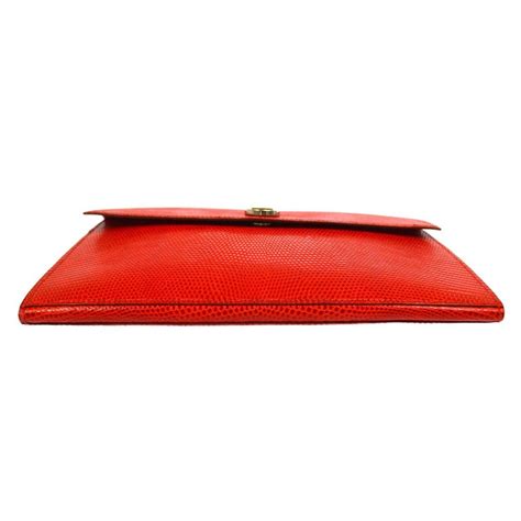 Hermes Red Lizard Leather Silver Evening Envelope Clutch Flap Bag For