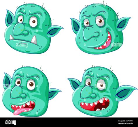 Set Of Green Goblin Or Troll Face In Different Expressions In Cartoon
