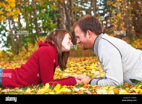 Young Married Couple Spending Quality Time Together In A Park In Autumn Edmonton Alberta