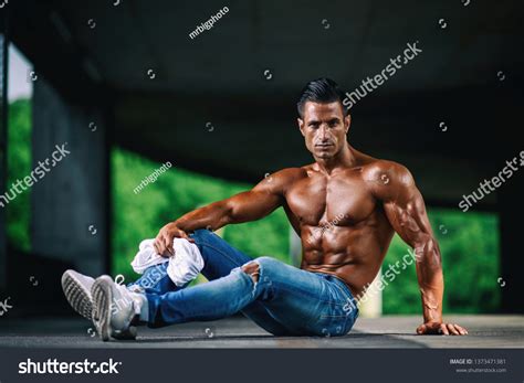 Handsome Shirtless Muscular Men Jeans Posing Stock Photo Edit Now