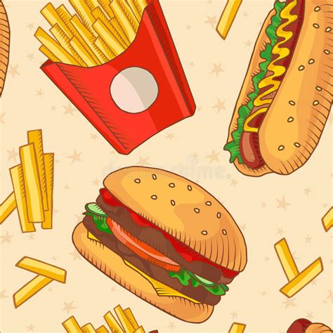 Fast Food Set Of Cartoon Vector Icons On The Seamles Pattern Stock