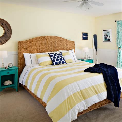 Bright Coastal Bedroom With Yellow And White Striped